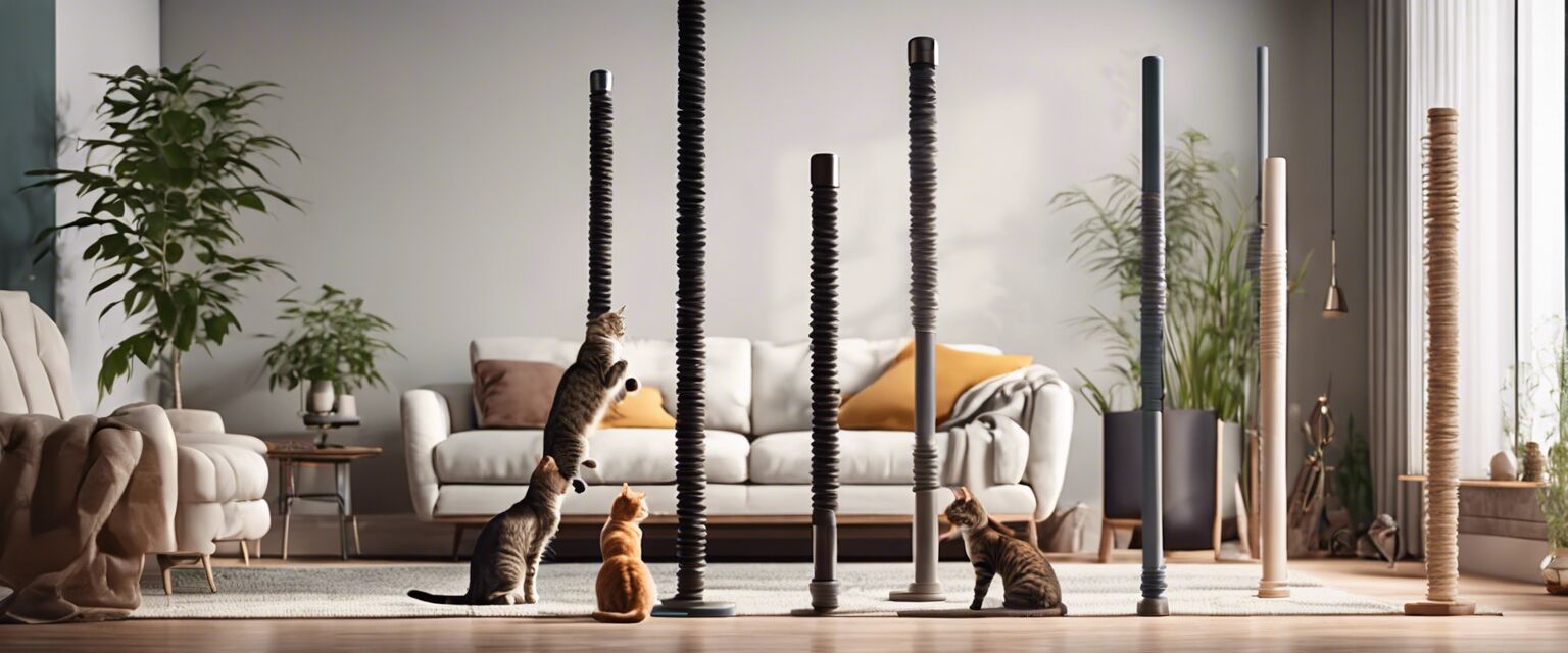 Variety of cat poles in a living room setting