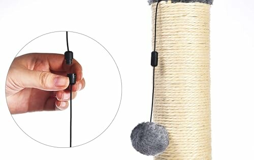 Cat scratching post with attached toy and close-up of hand adjusting string.