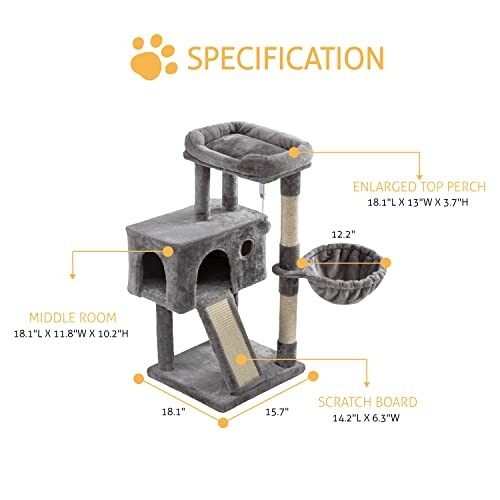 Cat tree with dimensions and features labeled.