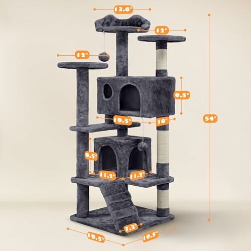 Gray cat tree tower with various platforms and dimensions labeled.