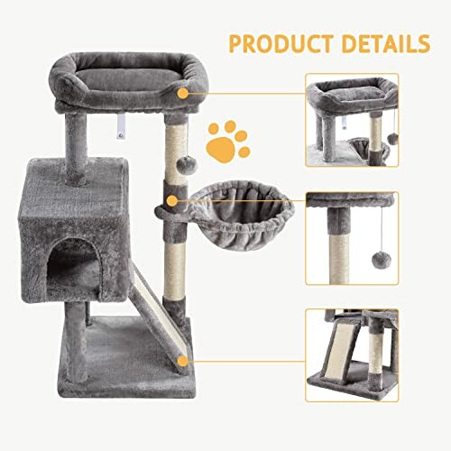 Gray cat tree with multiple levels, scratching posts, and a hanging toy.