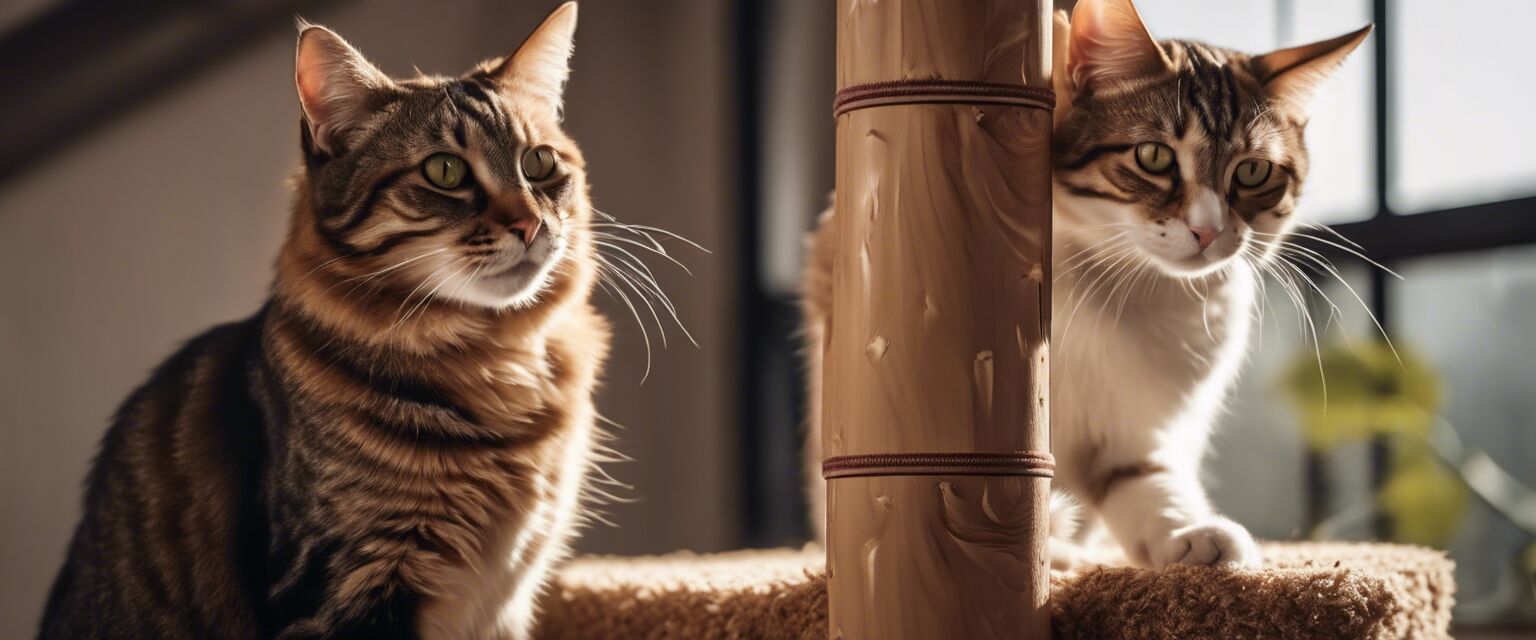 Two playful cats using a scratching pole