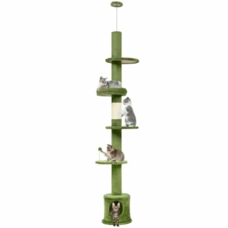 Tall green cat tree with multiple cats on different levels.