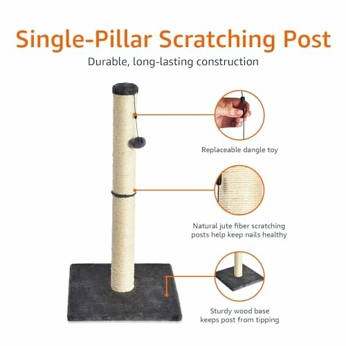 Single-pillar scratching post with replaceable toy and sturdy base.